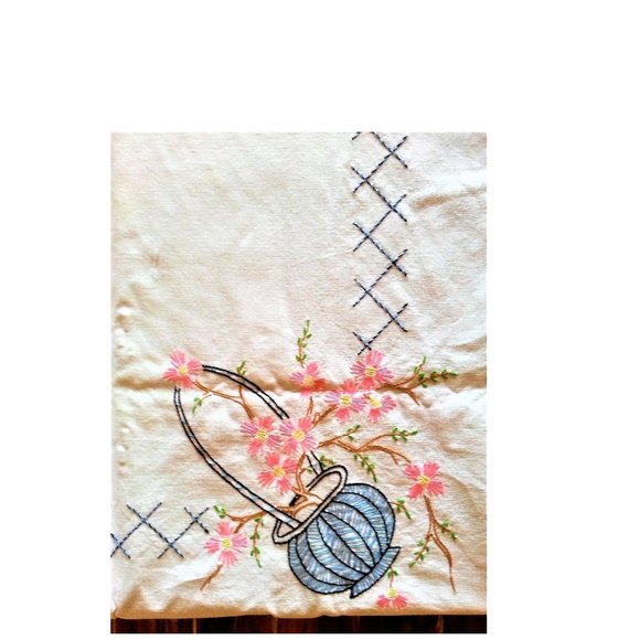 Vintage Embroidered Flowers in Basket Floral Tablecloth 53" x 68" - Picture 3 of 4